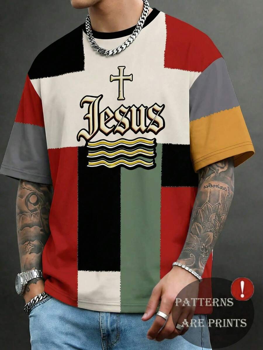 Camiseta de manga corta con estampado de retazos vintage para hombre, camiseta de cuello redondo con cruz de Jesús y fe, uso casual diario - Multicolor - Ver 1