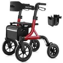 WALK MATE Walkers For Seniors, Rollator Walker With Seat, 12" Big Rubber Wheels All Terrain Rollator Walker With Backrest, Built-In Cable, Cup Holder, Foldable And Height Adjustment For Seniors, Red - View 3