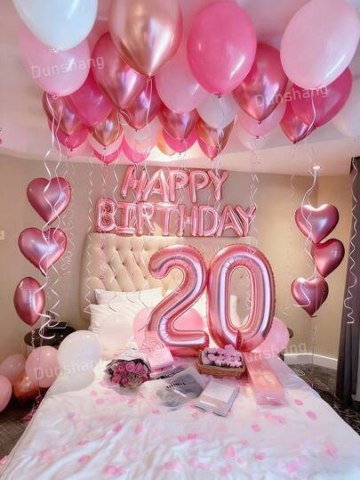 44pcs Pink Birthday Decoration Set | Happy Birthday Banner + Heart Foil Balloons | Hot Pink + Macaron Pink + White + Rose Gold Metallic Latex Balloons | Suitable For Women 15th, 16th, 17th, 18th, 19th, 20th, 21st, 22nd, 23rd, 24th, 25th, 26th, 27th, 28th, 29th, 30th, 40th Birthday Decor, Backdrop, Anniversary, Adult Party/Bachelorette Party, Birthday Room Decor, Photo Backdrop
