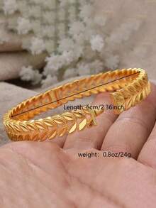 1/4pcs 24K Gold Plated Leaf Design Bangle, Middle Eastern Dubai Style Fashion Bracelet, Arabic & African Wedding Gift, Ramadan & Valentine's Day Gift - Yellow Gold - View 7