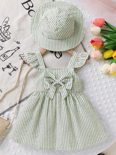2pcs/Set Cute Baby Girl Outfit, Casual & Fashionable Soft & Comfortable, Bow Decor Striped Ruffle Hem Princess Slip Dress And Sun Hat Set, Toddler Girls Dress, Suitable For Daily Wear, Party, Vacation, Photography, Outdoor Activities, Summer