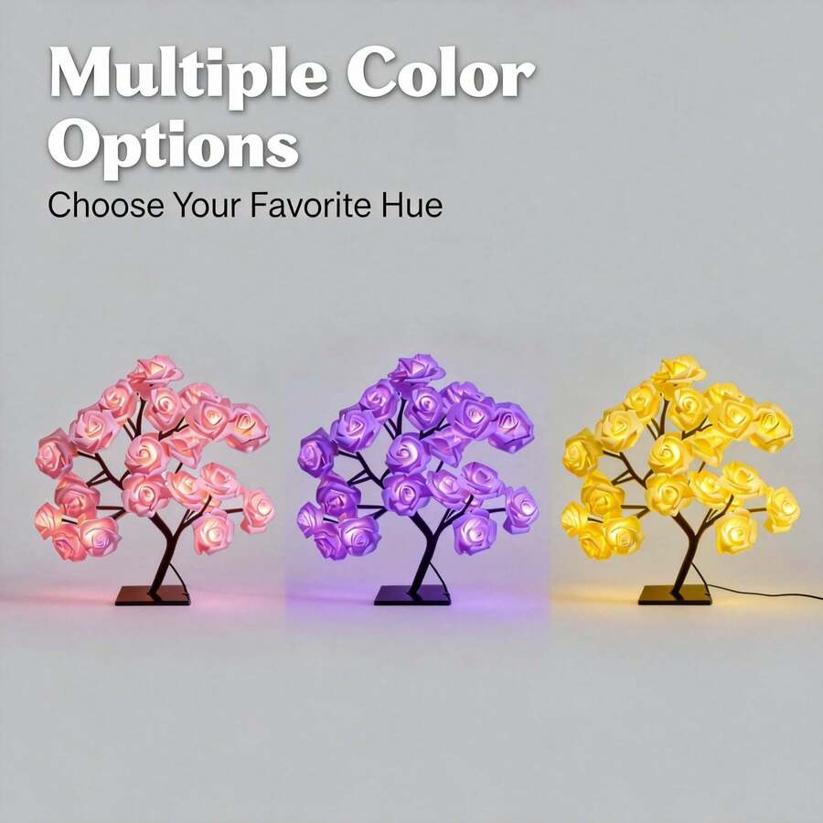 Cute  Pink LED Rose Tree Night Light, Color Changing Aesthetic Flower Lamp, USB Bedroom Desk Decor, Dreamy Room Decor Gift For Girls & Teens - 粉色 - 查看 1