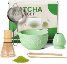 Matcha Whisk Tea Set Kit: Japanese Matcha Kit - Ceramic Bowl Bamboo Whisk Chasen Holder Spoon Measuring Scoop Sifter - Traditional Practical For Tea Ceremony Breakfast Lattes - Home Kitchen Christmas - ColorB - View 1