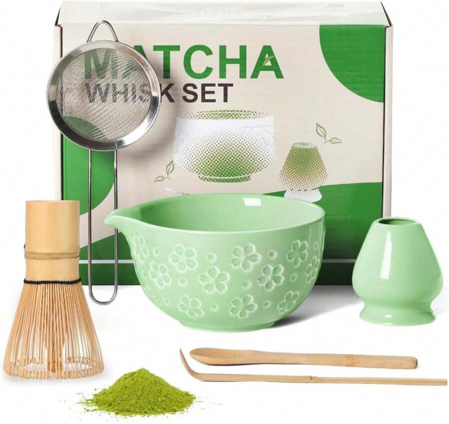 Matcha Whisk Tea Set Kit: Japanese Matcha Kit - Ceramic Bowl Bamboo Whisk Chasen Holder Spoon Measuring Scoop Sifter - Traditional Practical For Tea Ceremony Breakfast Lattes - Home Kitchen Christmas - ColorB - 查看 1
