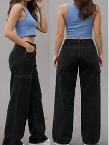 Women's Wide-Leg Cargo Jeans - Black - View 2