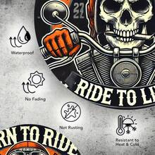 1 tấm tranh treo tường kim loại hình xương người xe máy "Born To Ride" - Tấm biển sắt tròn 8x8 inch, trang trí theo phong cách phi công cổ điển cho quán bar, quán cà phê, câu lạc bộ, nhà bếp, xe máy, thích hợp để trang trí phòng, có lỗ khoan sẵn như hình minh họa. - Nhiều màu - Xem 7