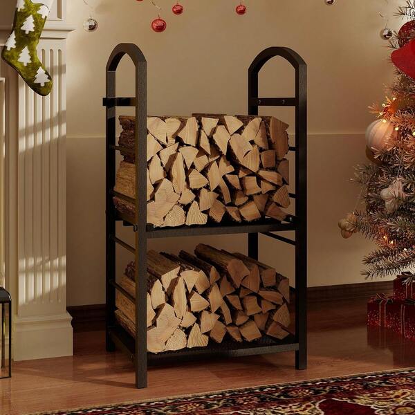 30 Inch High Firewood Rack Outdoor, Indoor Wood Rack For Firewood, Fire Wood Storage With Kindling Hooks, Heavy Duty Metal Logs Racks Storage Organizer For Fireplace Deck Outdoor, Copper