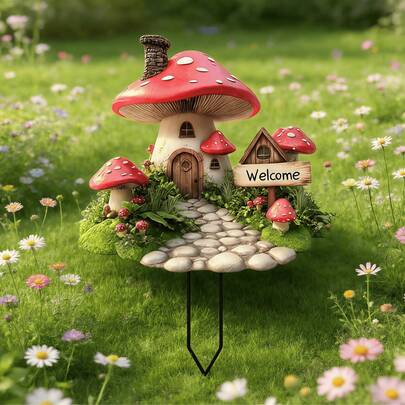 2D Acrylic Fairy Mushroom House Welcome Garden Stake - Outdoor Yard Lawn Decor, Spring Easter Decoration