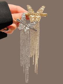1pc Rhinestone Tassel Butterfly Hair Clip, Elegant Side Bangs Hairpin - Multicolor - View 1