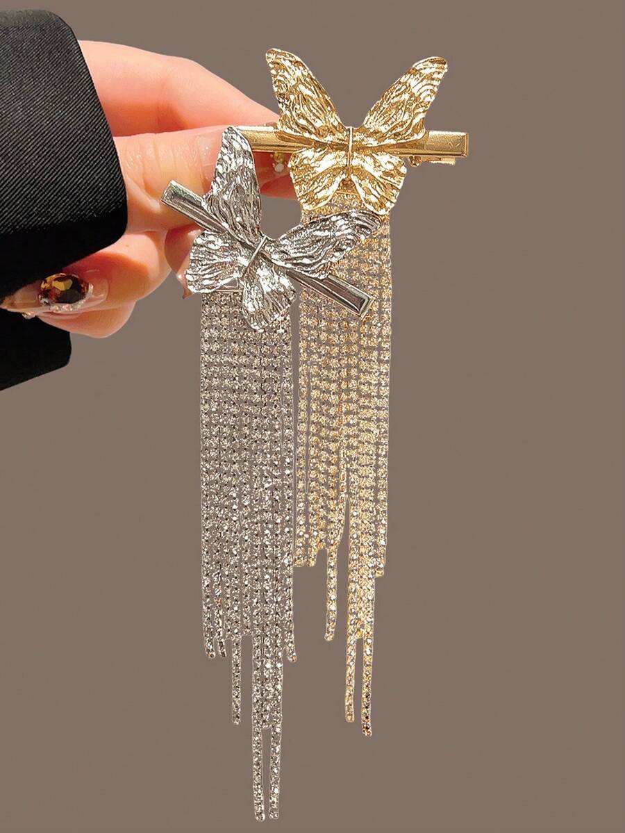 1pc Rhinestone Tassel Butterfly Hair Clip, Elegant Side Bangs Hairpin - Multicolor - View 1
