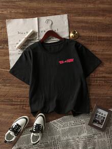 Whysmera SHEIN X Tom & Jerry Women's Summer New Joint Print T-Shirt, Made Of Skin-Friendly, Breathable, And Shaping Premium Fabrics, Classic Cartoon And American Graffiti Fonts, Loose-Fit Design, Anti-Aging Effect, Suitable For Daily Commuting, Campus Attire, Girlfriend Dates, Anime-Themed Parties, And Home Wear. - Black - View 5