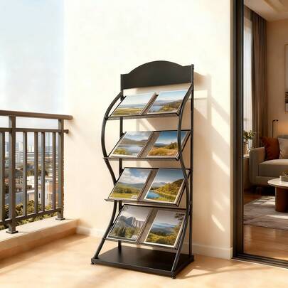 WUPYI Magazine Rack 4 Pockets - Floor Standing Magazine Brochure Holder, A4 Brochure Display Stand Book Literature Floor Display Stand Literature Rack For Trade Show, Exhibitions (Black) (Black)