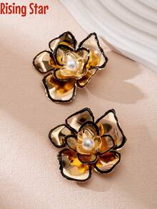 1对复古夸张三层金属花朵耳钉，精致花朵造型耳环，花朵装饰水滴耳环，节日派对珠宝耳环，复古优雅小众耳环，金色耳环 - 3層滴油花耳環 - 查看 5