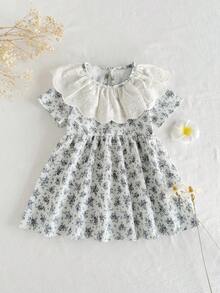1pc Baby Girls' Green Floral Casual Long Sleeve Dress With Ruffle Collar, Crinkle Fabric Suitable For Everyday Wear - Mint Green - View 1