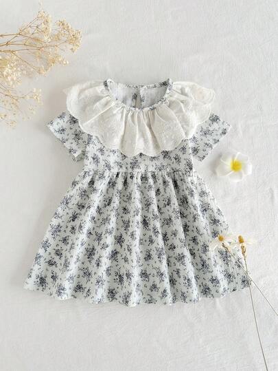 1pc Baby Girls' Green Floral Casual Long Sleeve Dress With Ruffle Collar, Crinkle Fabric Suitable For Everyday Wear