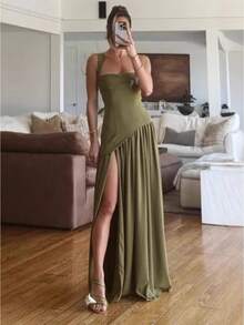 Skinny Comfortable Fashionable Sexy Suspender Skirt Slim Strap Split Skirt Backless Streamer Dress - màu xanh ô liu - Xem 2