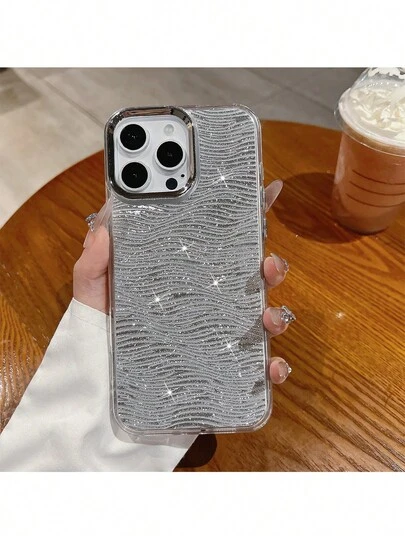 Electroplated Silver Frame Camera Case, Shimmering Asymmetrical Wave Silver Glitter Leather Sticker Backcover With Electroplated Buttons, Luxury Aesthetic Phone Protective Case Compatible With IPhone 16 Pro Max/11/17/17 Pro/17 Pro Max/14 Pro/14 Pro Max/15/16/15 Pro Max/14/13/12, Ideal Gift For Girlfriend, Birthday Or Valentine's Day