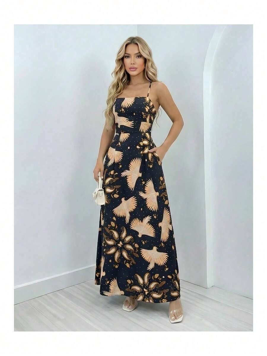 Women's Long Dress With Leaf Print, Crossed Straps, Casual, Summer, Tropical - 黑色 - 查看 1