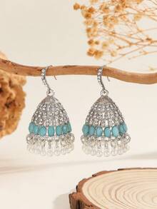 1 Pair Fashionable Boho Style Colorful Cubic Zirconia Bell Round Bead Tassel Earrings, Exquisite And Glamorous Bollywood Ear Jewelry, Suitable For Women's Daily, Festival, Wedding And Party Wear/Jewelry Gift - Multicolor - View 6