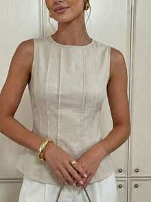 NOVELLE Women French Ruffled Apricot Sleeveless Blouse, Elegant Sexy Fitted Waist Top, Suitable For Summer Daily Commute, Date And Vacation Wear - Apricot - View 6