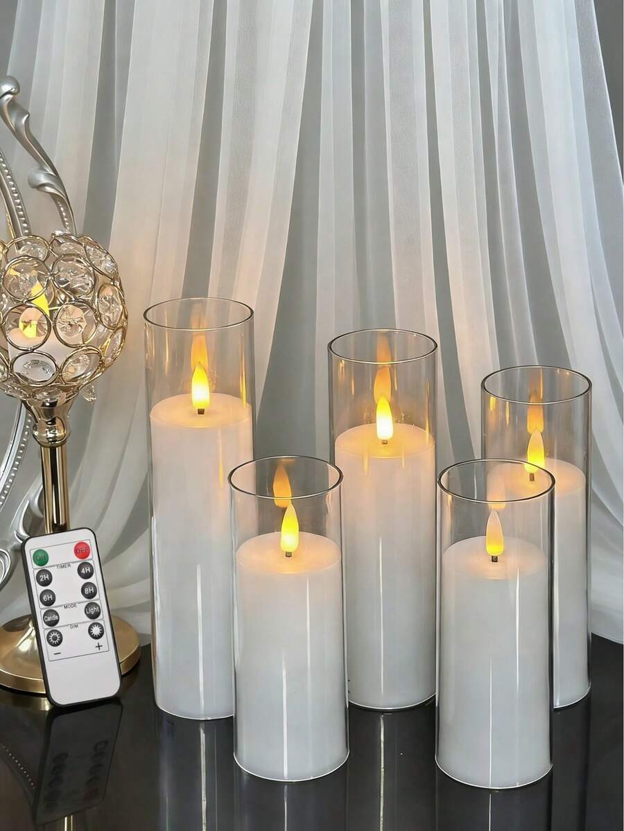 5-Pack Clear Realistic Flickering Flameless Candles, Battery Operated With Remote Control & Timer. Acrylic Column LED Candles For Home, Holiday And Party Decor (2.2 Inches Diameter, 5/6/7/8 Inches Height)