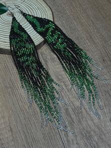 AHAYA Handmade Woven Glass Beaded Snake Pattern Earrings With Long Tassel, Bohemian Inspired Design, Creative Bead Jewelry, Versatile For Halloween, Carnival, Daily Wear - Green - View 4