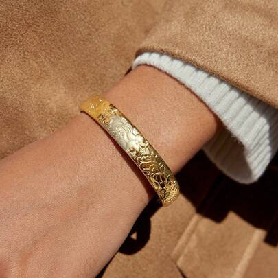 S SHOPBOHO 1pc Vintage Chunky Gold Bangle Flower Pattern Engraved Cuff Bangle Bracelet Stainless Steel Jewelry Precious Gift For Her