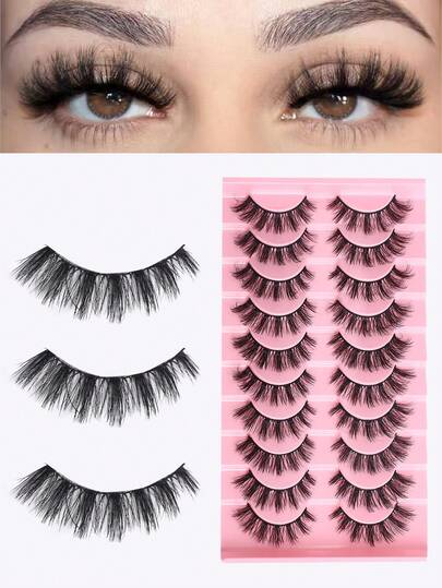 10 Pairs Thick & Fluffy Black Faux Mink Eyelashes, 3D Layered Effect, D-Curl, European & American Makeup Style, Elongated Outer Corner, Reusable, Suitable For Daily Makeup Or Natural Look, Perfect Gift For Valentine's Day, Mother's Day, Party Queen