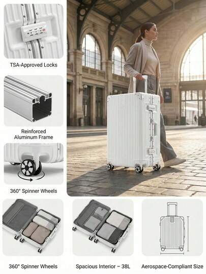 Valise cabine 50 cm (20 pouces) avec cadre en aluminium | ABS + Cadre en aluminium | Roulettes pivotantes silencieuses à 360° | Cadenas à combinaison TSA | Valise cabine élégante | Imperméable et antivol | Convient aux hommes et aux femmes | Indispensable pour les festivals de musique