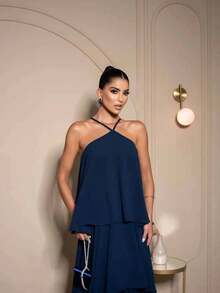 Sophisticated Long Party Dress Without Glitter, Suitable For Bridesmaids And Wedding Guests. - Navy Blue - View 2
