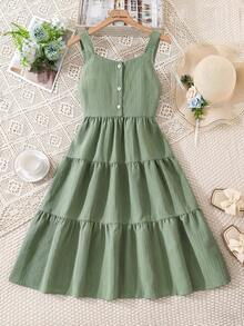 Left Mama Girls' Elegant Sweet Bowknot Backless Camisole Dress, Suitable For Beach & Holiday In Summer - Army Green - View 1