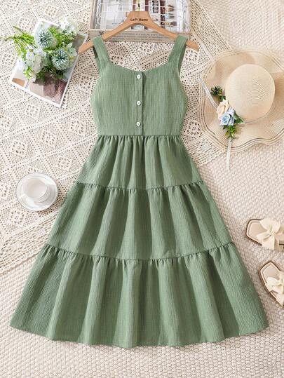 Left Mama Girls' Elegant Sweet Bowknot Backless Camisole Dress, Suitable For Beach & Holiday In Summer