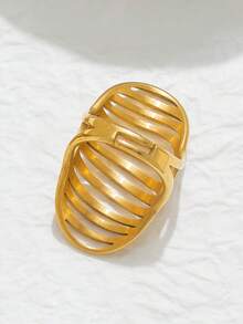 1枚18K镀金镂空椭圆形可调节戒指，前卫街头风不锈钢女式首饰，适合日常、通勤、派对和晚宴佩戴 - 橢圓 - 查看 5