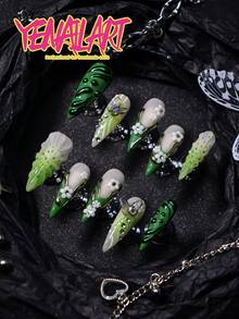 10pcs Press On Nails Acrylic Stiletto, Featuring Nude,Natural Looking Base, Green,Light Green,Gradient Color,French Tip,3d Three-Dimensional Decoration Element, White Floral, Nail Gems,Polka Dot,3d Three-Dimensional Decoration Butterfly Blingbling ,Cottagecore Metal Style Homemade Full Coverage Press On Nails Stiletto Set - Green - View 2