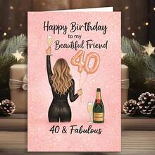 Cartão de aniversário de 40 anos para amiga - 'Feliz aniversário para minha linda amiga, 40 e fabulosa' - Ilustração divertida de champanhe e balão - Inclui envelope - Presente perfeito e glamoroso para celebrar o aniversário de 40 anos da sua melhor amiga com estilo e alegria. - Peça única - Ver 11