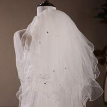 Velo de novia de 4 niveles, elegante tocado con peine, con perlas, mariposas de cristal y brillos de moda y esponjoso - Blanco - Ver 3