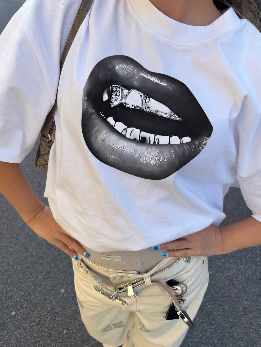 1 pieza Camiseta de manga corta y cuello redondo casual para niñas con estampado de letras, diseño simple de tipografía en inglés para inspirar la imaginación y la autoexpresión, ropa de estudiante de verano - Blanco - Ver 1