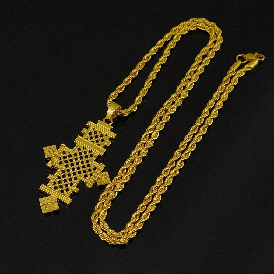 1pc Large Cross Pendant Necklace, African Eritrean Traditional Wedding Valentine's Day Ramadan Gift - Yellow Gold - View 1