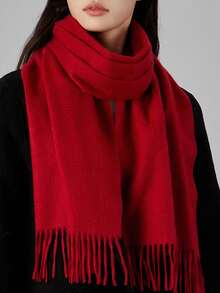 1 pieza Bufanda de color rojo jujube de 30*180cm de imitación de cachemira con flecos, simple y elegante, chal suave para primavera, verano, otoño e invierno, adecuado para salidas diarias, festivales y reuniones - rojo intenso - Ver 25