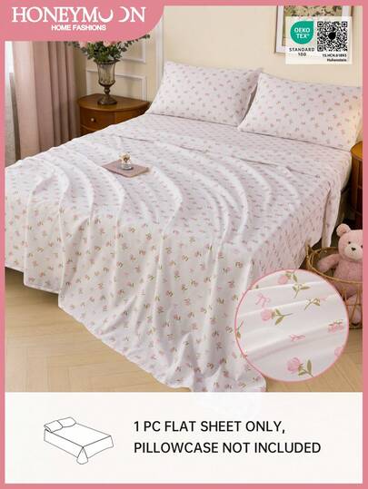 1pc Printed Flat Sheet - Polyester Fleece Fabric, Pink Rose Pattern, Flat, Breathable, Wrinkle-Resistant, Fade-Resistant, Shrink-Resistant, Suitable For Home/Dorm, T/F/Q/K Size, OEKO-TEX Certified