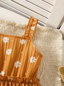 Vestido de niña con tirantes de margarita, volantes en los hombros, cintura elástica y dobladillo de encaje, fresco y dulce, para primavera/verano - Amarillo - Ver 4
