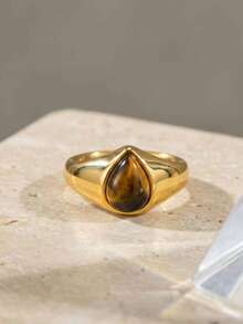 1pc Fashionable Stainless Steel Teardrop Natural Tiger Eye Stone Gold Color Ring, Women Jewelry - Gold - View 7