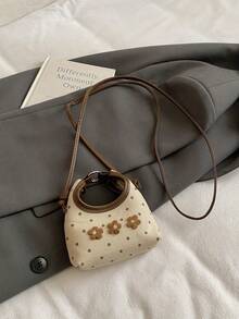 1 Stück Polka Dot Blumen Stickerei Patchwork Design Leinwand Handtasche, kleine Größe, süßer Stil, geeignet für den täglichen Gebrauch von Mädchen - Braun - Übersicht 4