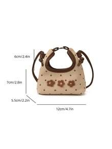 1 Stück Polka Dot Blumen Stickerei Patchwork Design Leinwand Handtasche, kleine Größe, süßer Stil, geeignet für den täglichen Gebrauch von Mädchen - Braun - Übersicht 8
