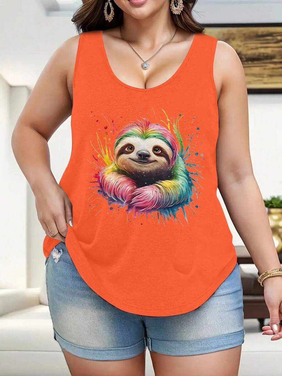 Plus Size-Oversized Loose-Fit Short-Sleeve T-Shirt, Suitable For Both Men And Women, Multi-Color Watercolor Pattern, Casual Sleeveless Shirt, American Style, Printed Design, Large Size, Discounted Price, Suitable For Both Men And Women-1XL-5XL - 橘色 - 查看 1