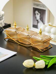 一套优雅琥珀香槟色塑料零食碗套装，带金色支架和盖子——非常适合盛放干果、坚果和派对食品 - 香檳色 - 查看 8