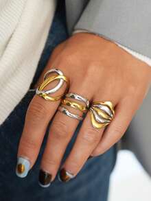 Frminee 3 PCS / 1 PC Stainless Steel Geometric Line Wide Ring 18K Gold Plated Metal Layered Waterproof Daily Simple Stylish Golden Jewelry For Women - Gold and Silver - View 4