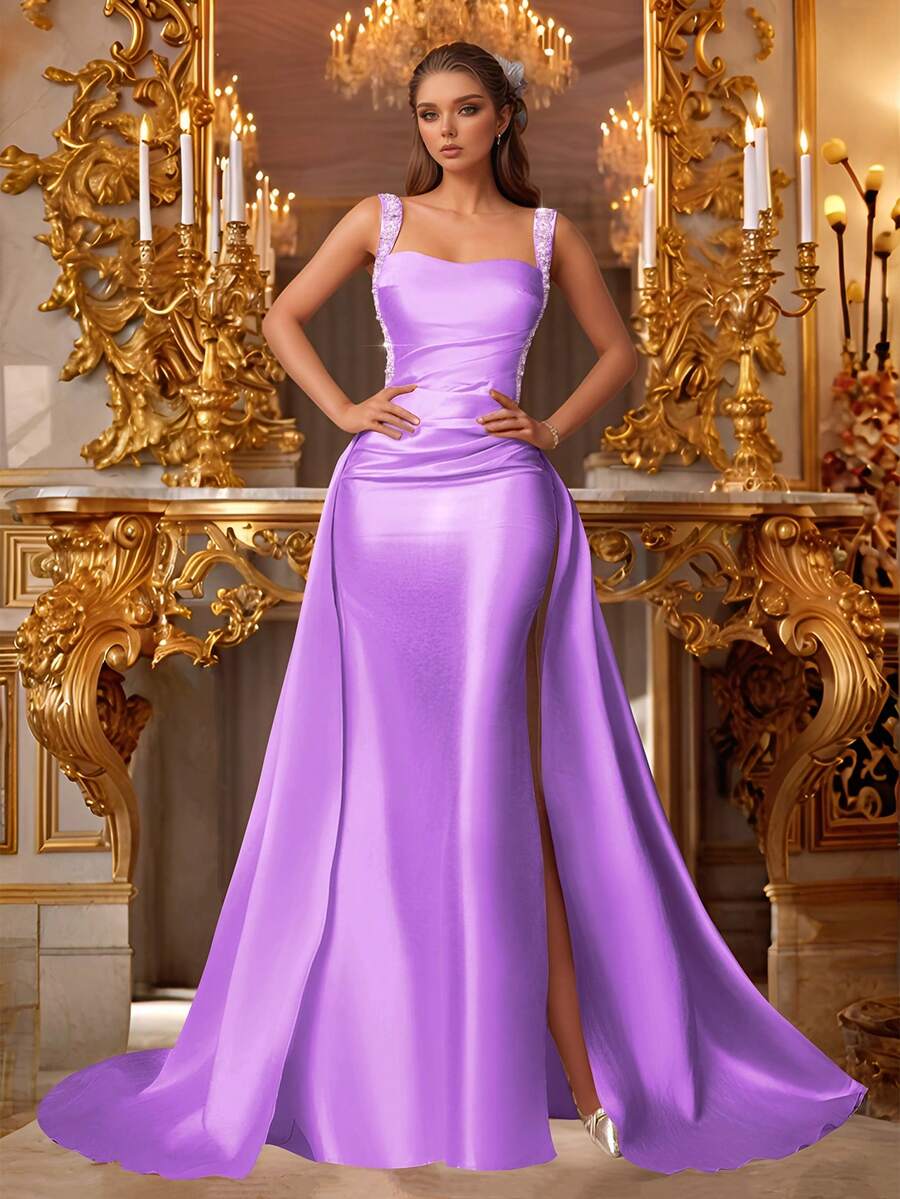 VIPGIRL 无袖缎面亮片吊带长款礼服，优雅美人鱼款式，适合舞会、晚宴、婚礼等正式场合，奢华迷人。 - 紫色 - 查看 1