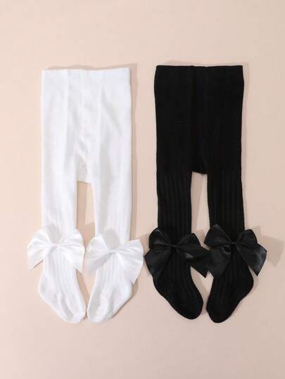 2pcs Baby Girls' Cotton Bow Decor Mesh Leggings