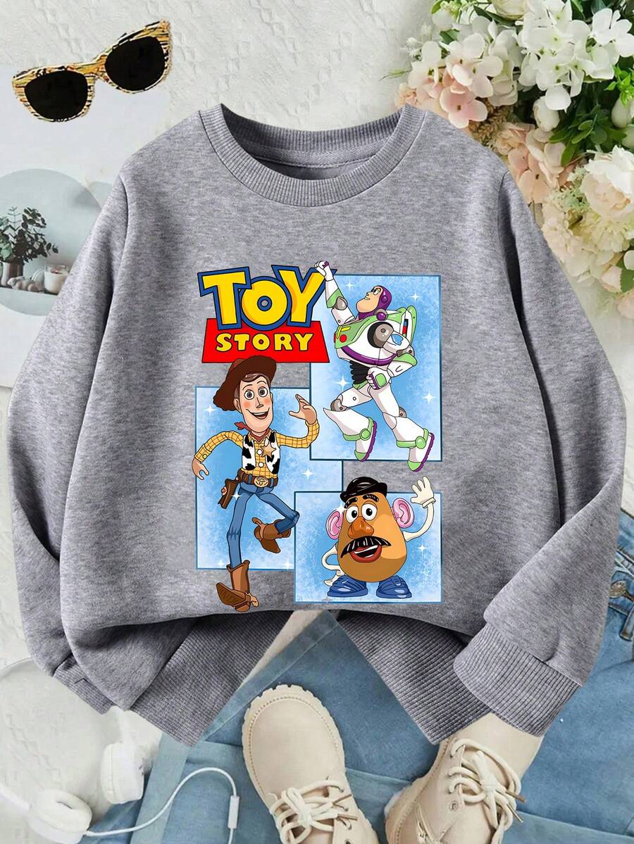 This Disney Girls' Sweatshirt Features A Creative Toy Story Letter And Cartoon Print. It's A Crew Neck Sweatshirt Perfect For Autumn And Winter, Made Of Soft And Comfortable Fabric, Suitable For Everyday Wear, Shopping, School, And Casual Occasions. It Also Makes A Wonderful Gift. - Gris - Voir 1